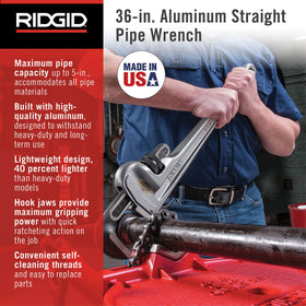 RIDGID 31110 36-inch aluminum pipe wrench close-up of hardened jaws