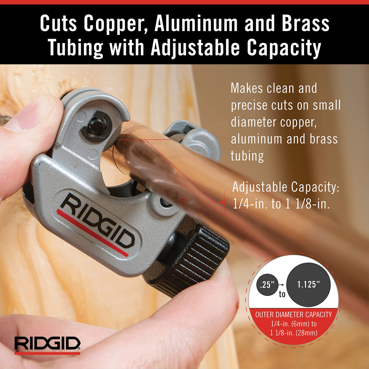RIDGID close-quarters design optimized for restricted-space tubing cuts.