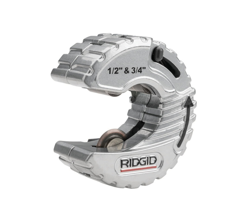 RIDGID 57008 cutter in tight spaces delivering clean 1/2" and 3/4" copper cuts.