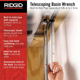RIDGID adjustable basin wrench extended to 17 inches for deep installations