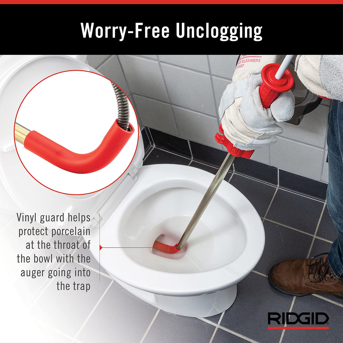 RIDGID K-3 toilet auger 3-foot snake extended reach to clear toilet clogs