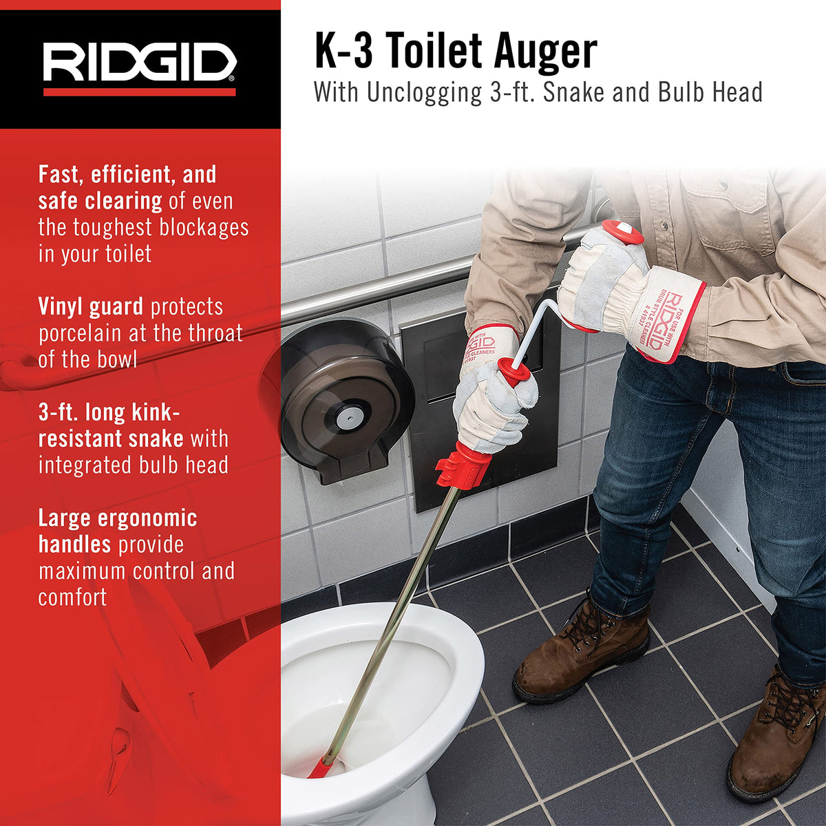 RIDGID K-3 toilet auger bulb head detail for safe blockage clearing