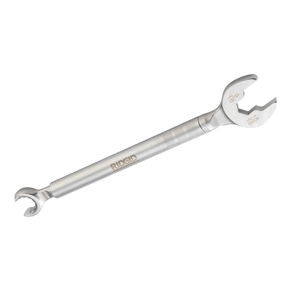 RIDGID One Stop Wrench showing two wrenches in one tool for fast plumbing adjustments