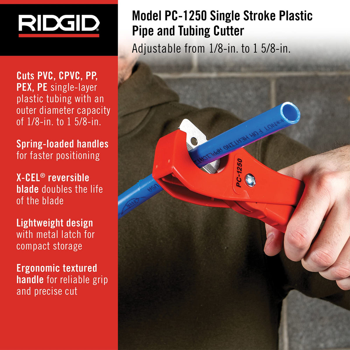RIDGID PC-1250 shows spring-loaded handles for precise cuts.
