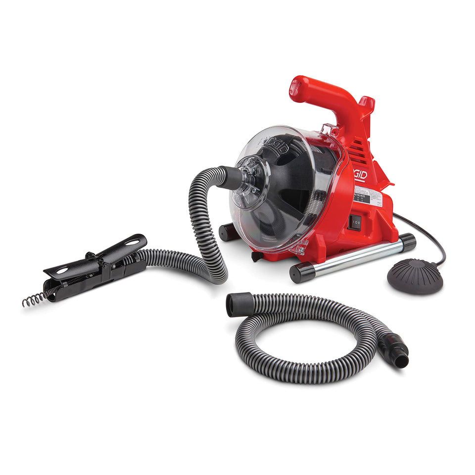 RIDGID PowerClear 120V machine on a workbench ready for tub, shower, or sink cleaning.