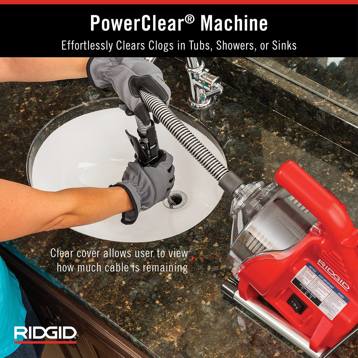 RIDGID PowerClear two-piece guide hose keeping the workspace clean during use.