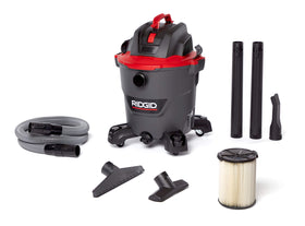 RIDGID RT1200 NXT 12-gallon vacuum showing wet and dry cleaning capability with secure hose connection.