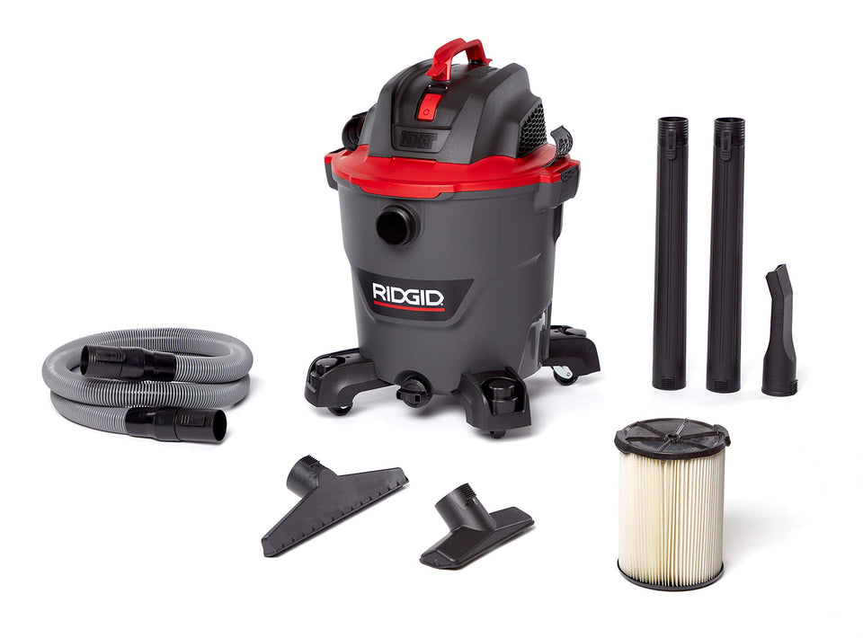 RIDGID RT1200 NXT 12-gallon vacuum showing wet and dry cleaning capability with secure hose connection.