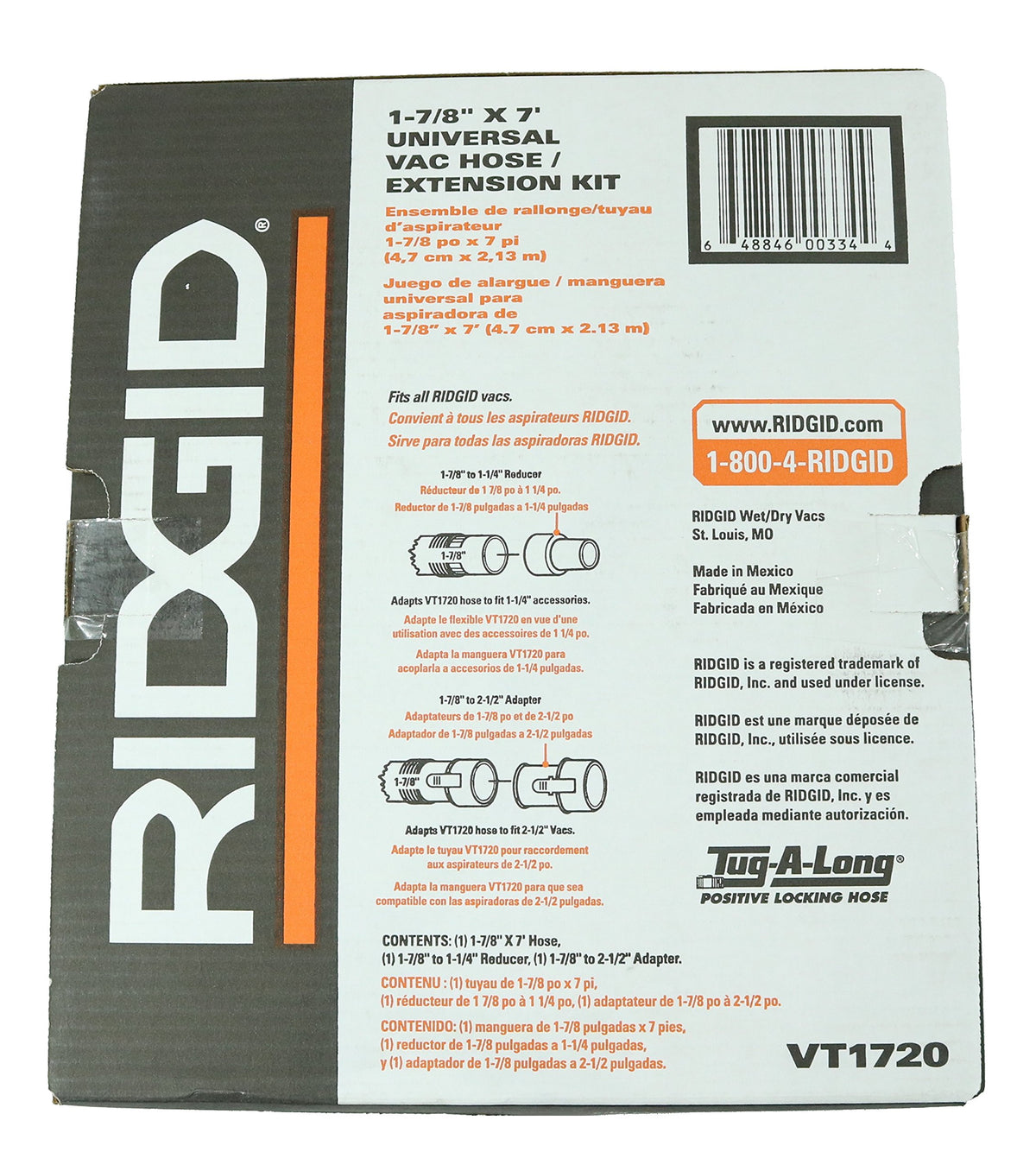 Ridgid Tug-A-Long 1-1/4 inch adapters fit various vacuums.