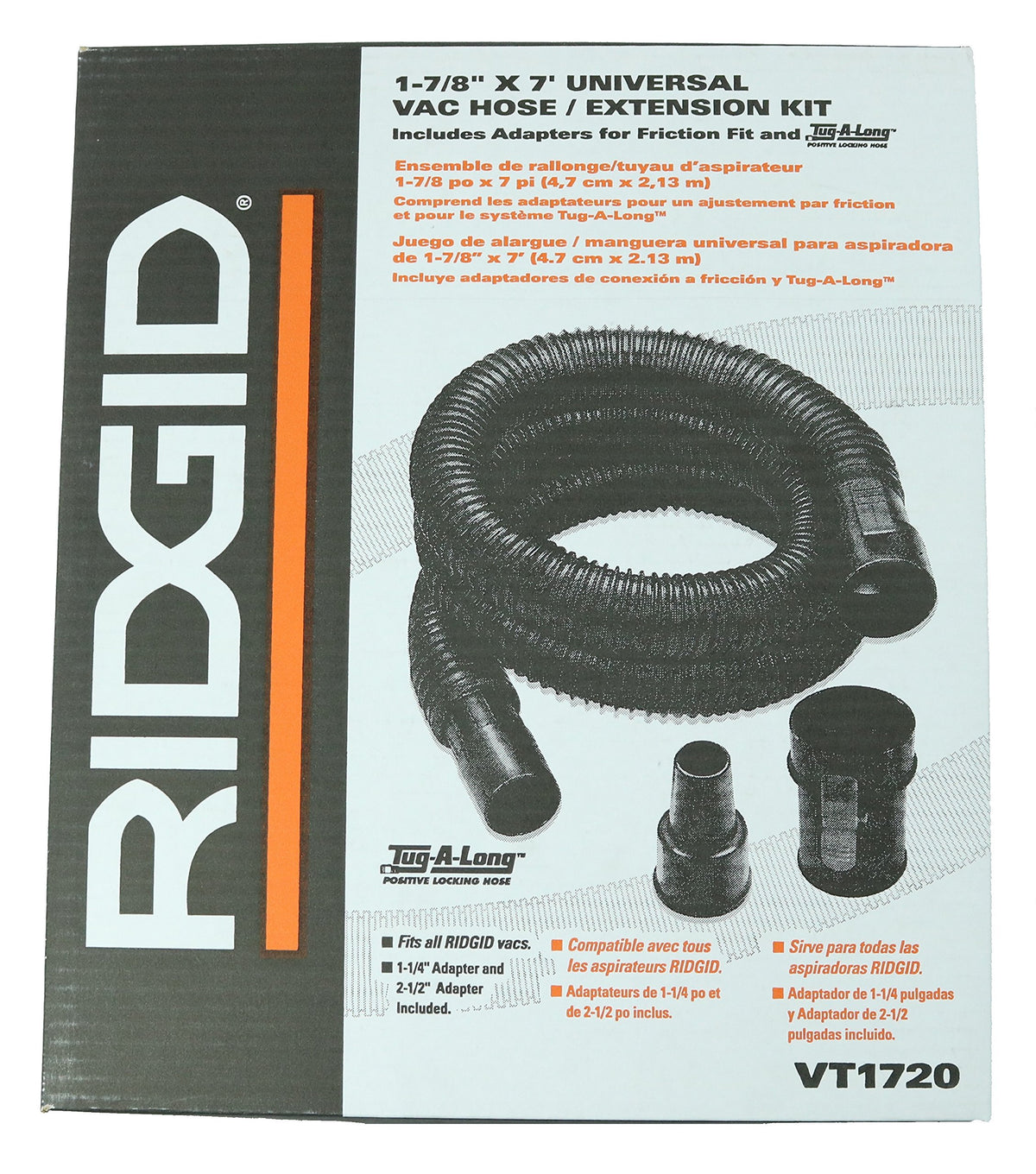 Ridgid Tug-A-Long flexible hose with adapters for versatile connections.