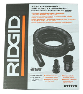 Ridgid Tug-A-Long flexible hose with adapters for versatile connections.