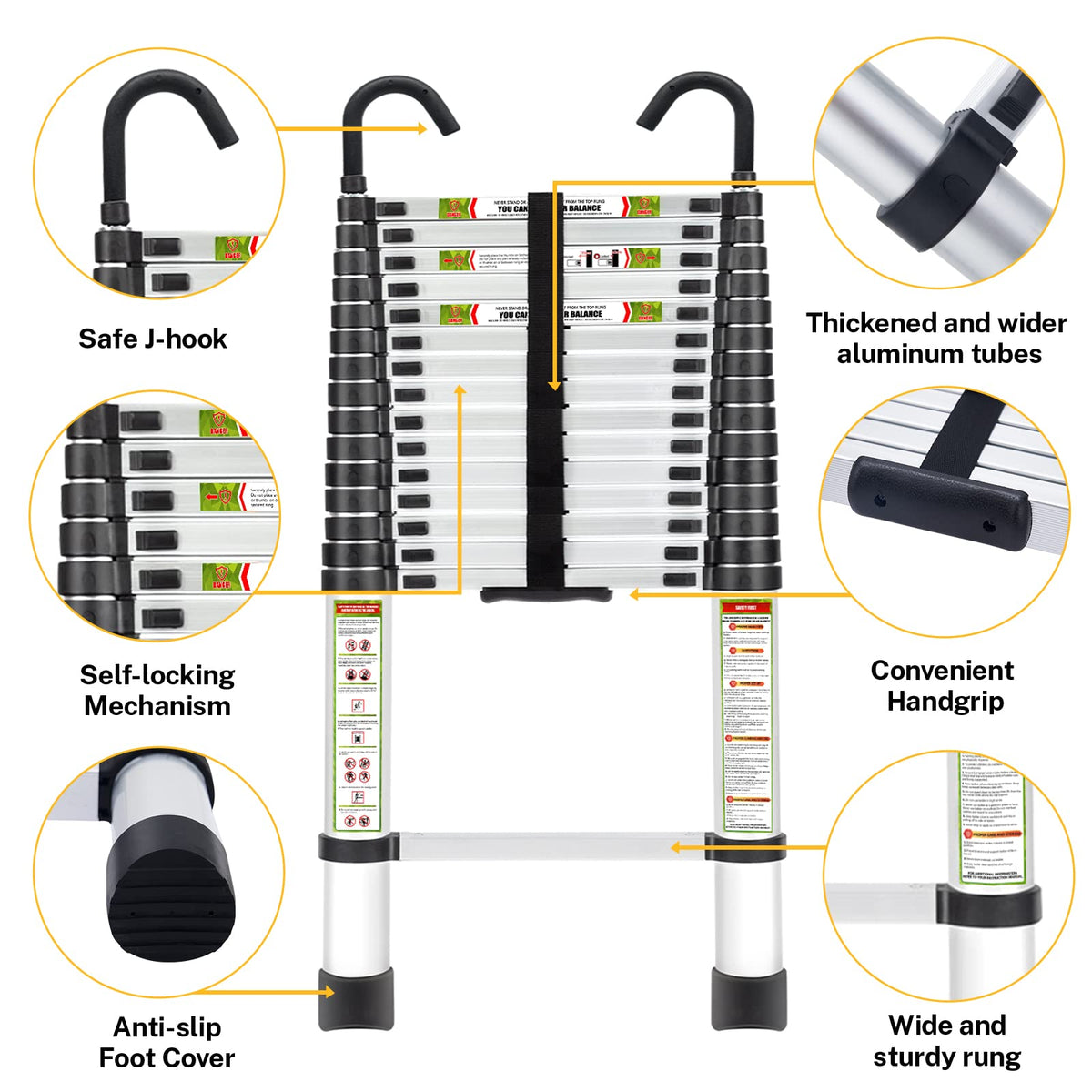 RIKADE telescopic ladder on stairs showing stable base in uneven ground.