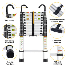 RIKADE telescopic ladder on stairs showing stable base in uneven ground.