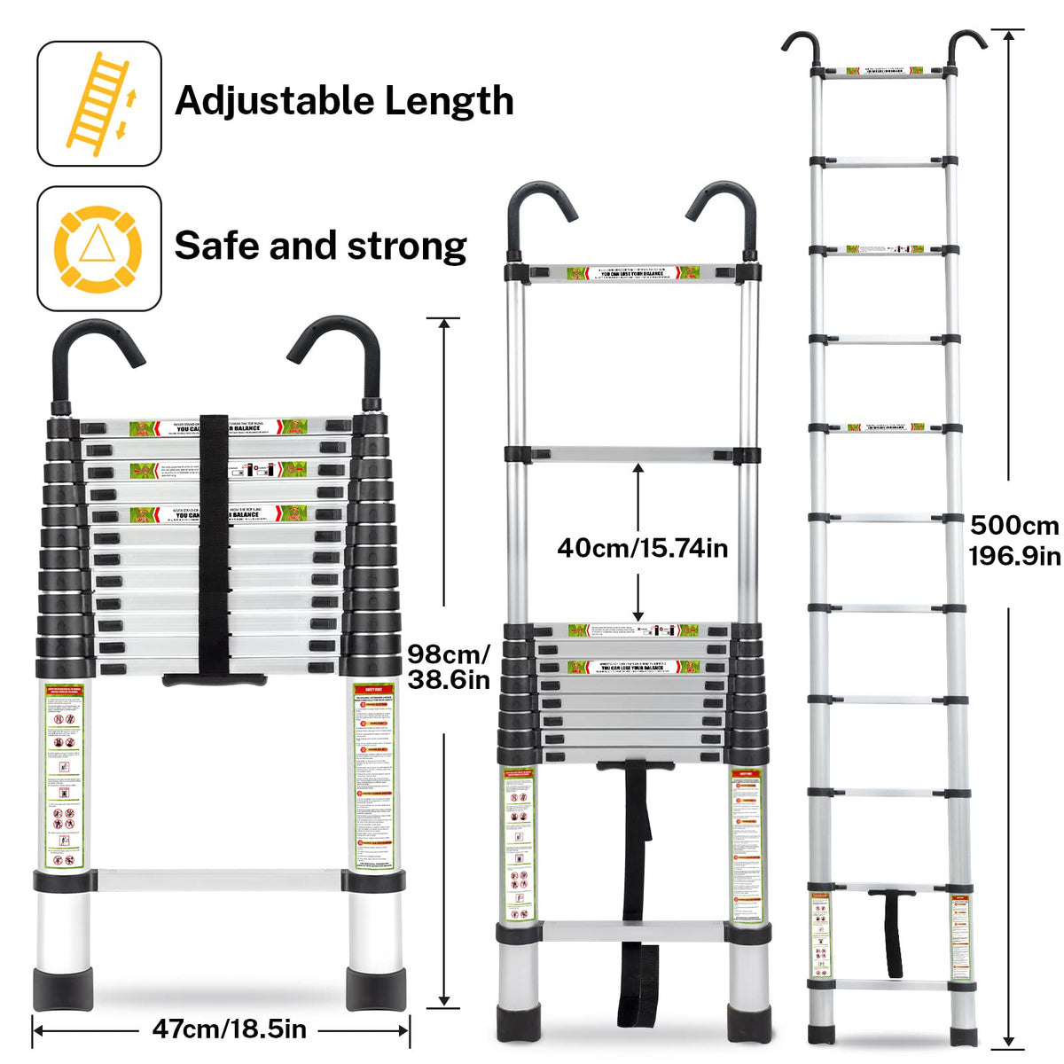 RIKADE ladder with stable hooks at top supports secure indoor and outdoor use.