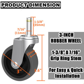 RILIDRI 3-inch swivel stem casters with quick-install stems for secure mounting and smooth movement.