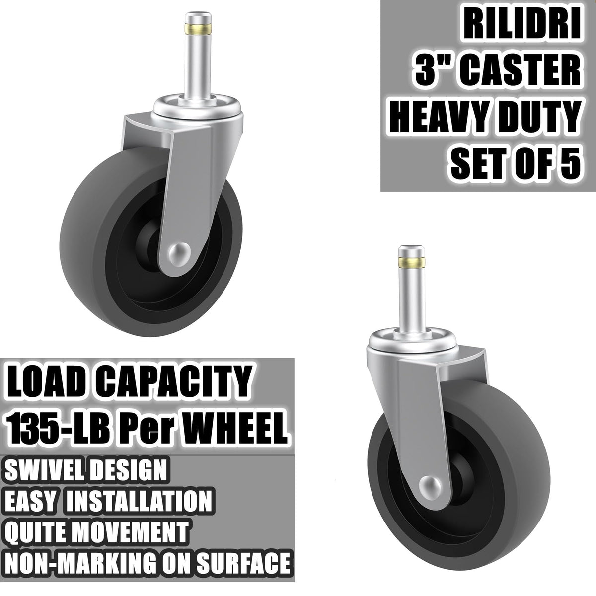 RILIDRI non-marring swivel stem wheels resist oils and chemicals for durable shop use.
