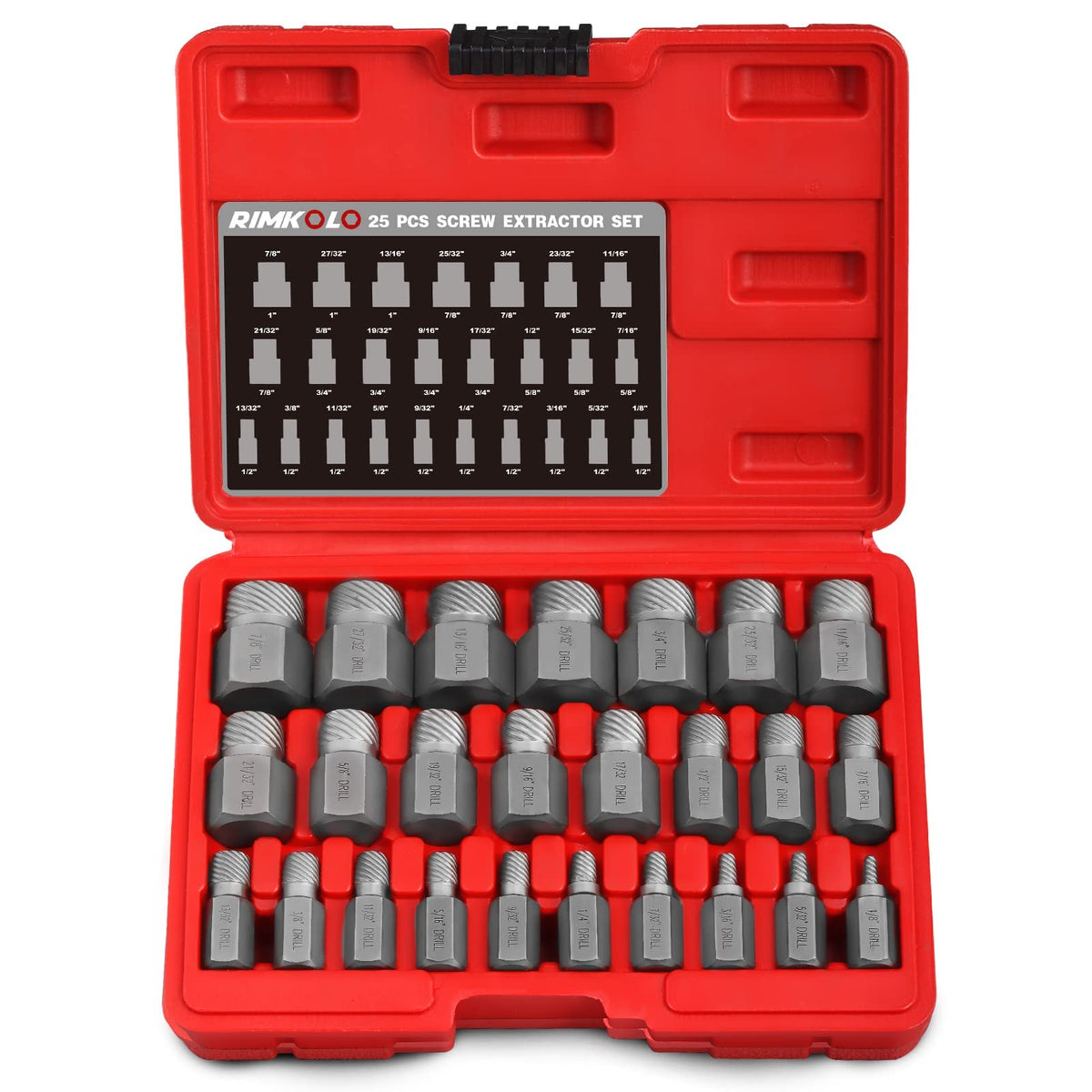RIMKOLO 25-piece screw extractor set neatly arranged in its case for quick access.