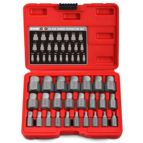 RIMKOLO 25-piece screw extractor set neatly arranged in its case for quick access.