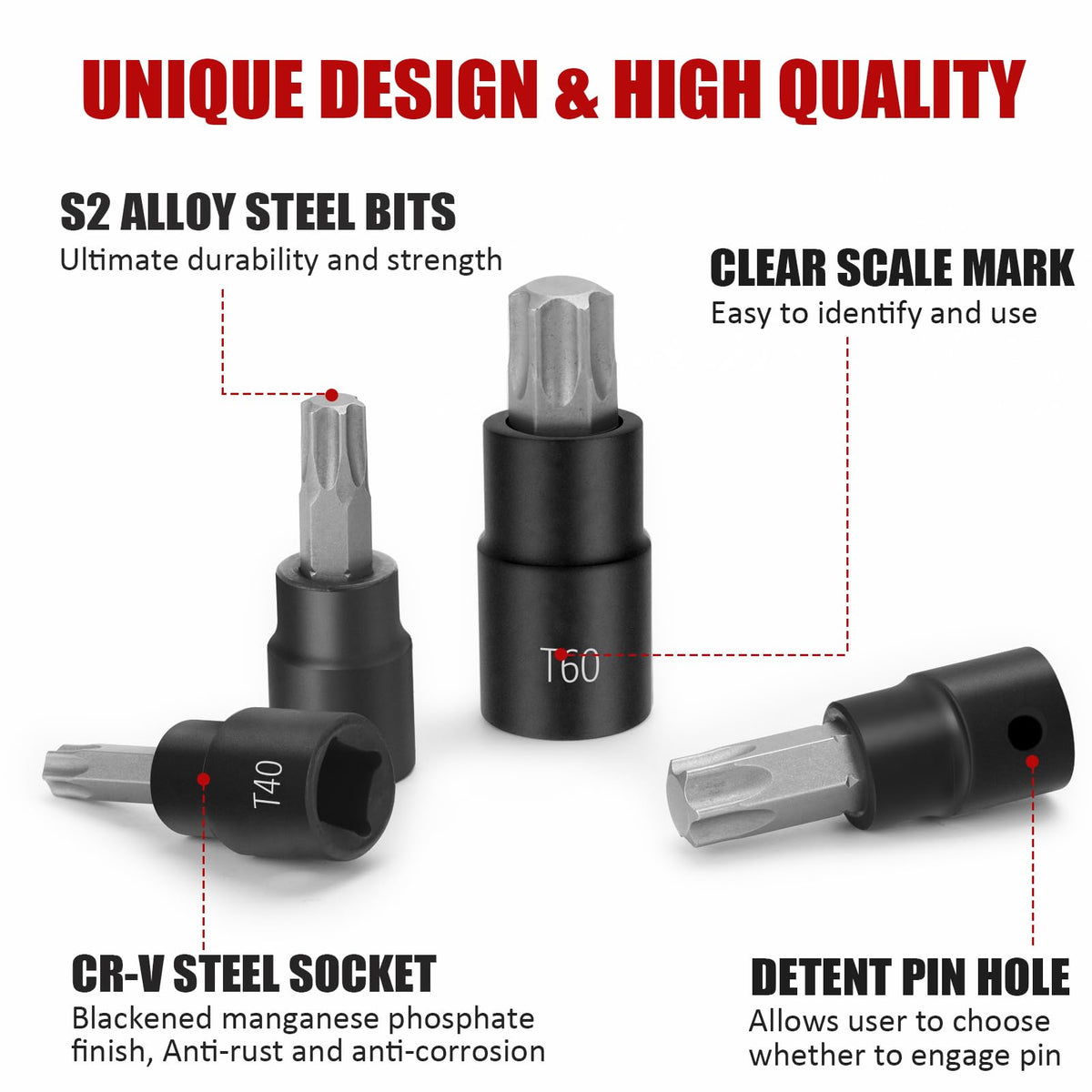 RIMKOLO Torx sockets, 3/8 drive, T40–T55, ideal for automotive repairs.