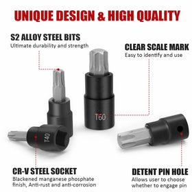 RIMKOLO Torx sockets, 3/8 drive, T40–T55, ideal for automotive repairs.