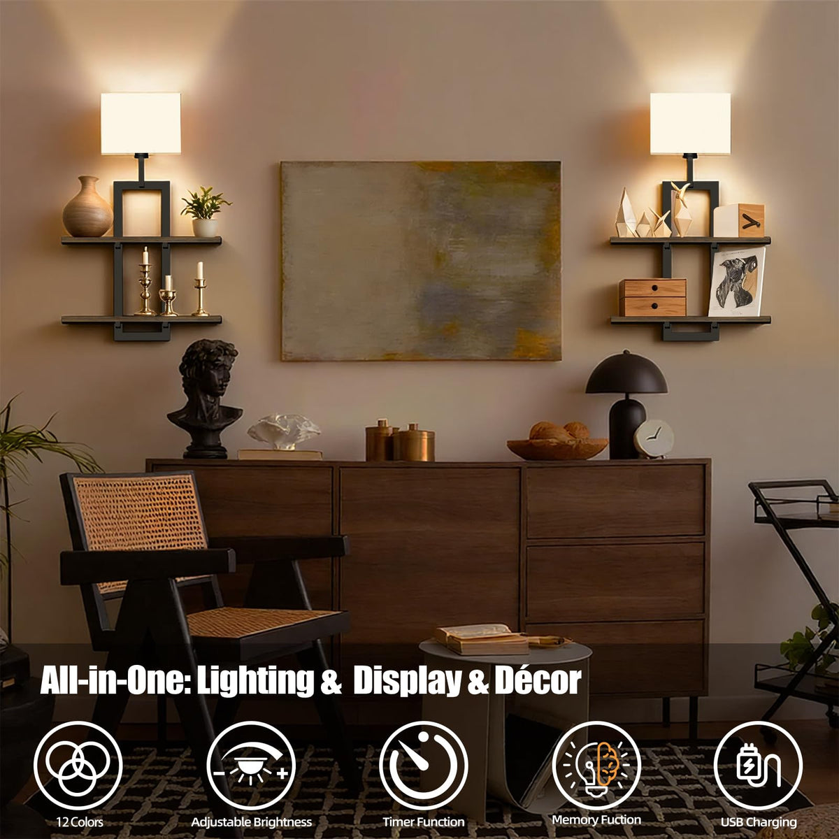 RINBOU wall sconce with floating shelf for bedroom decor and handy storage