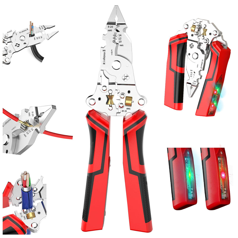 Rinhtma 14-in-1 wire stripper front view showing rugged build and precision jaws
