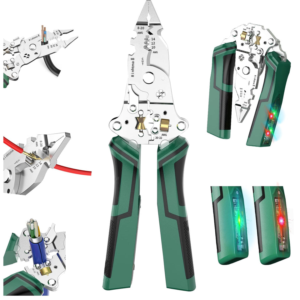 Rinhtma 14-in-1 wire stripper front view with ergonomic grip for precise cuts
