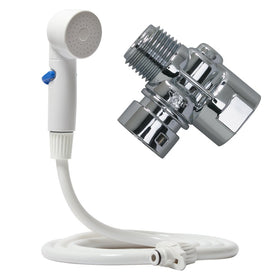 Rinse Ace Snap ’N Spray connector installed on shower for quick hose access.
