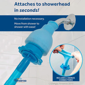 Rinseroo bath rinse demo shows easy wall and tub cleaning.
