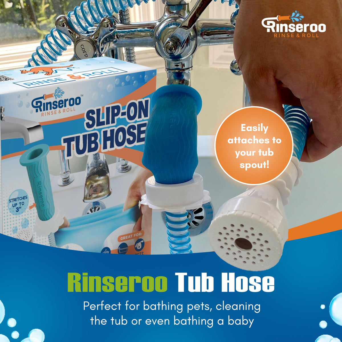 Rinseroo faucet sprayer attachment demonstrated on a faucet for versatile rinsing.