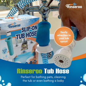 Rinseroo faucet sprayer attachment demonstrated on a faucet for versatile rinsing.