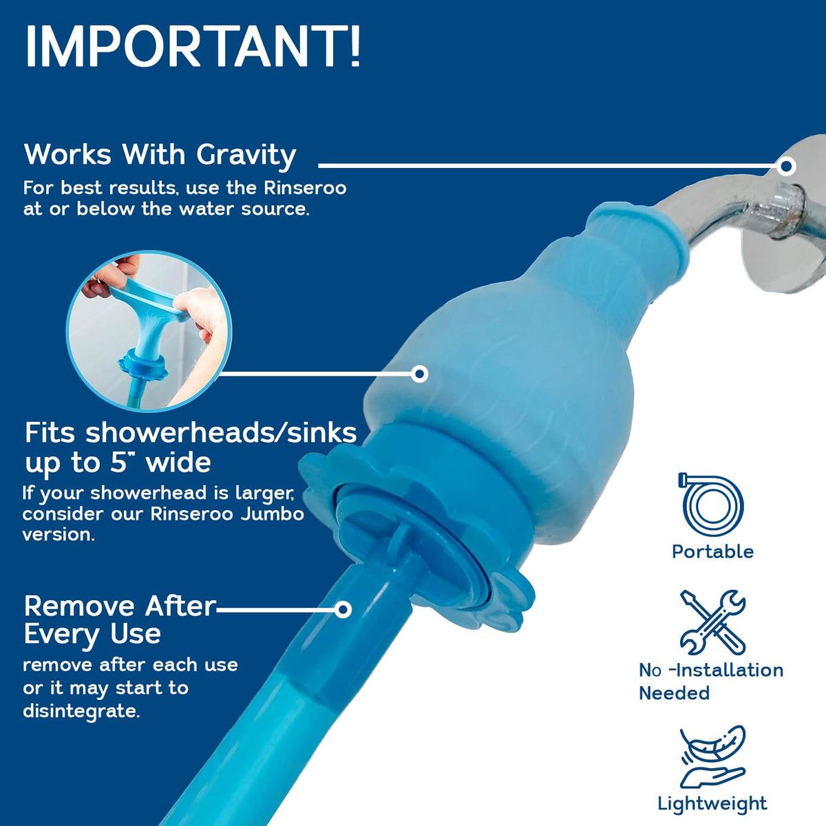 Rinseroo handheld rinse action cleans soap, shampoo, and grime quickly.