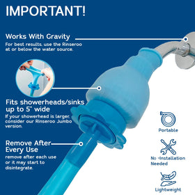 Rinseroo handheld rinse action cleans soap, shampoo, and grime quickly.