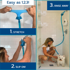 Rinseroo pet bath time becomes quicker with a flexible handheld sprayer.
