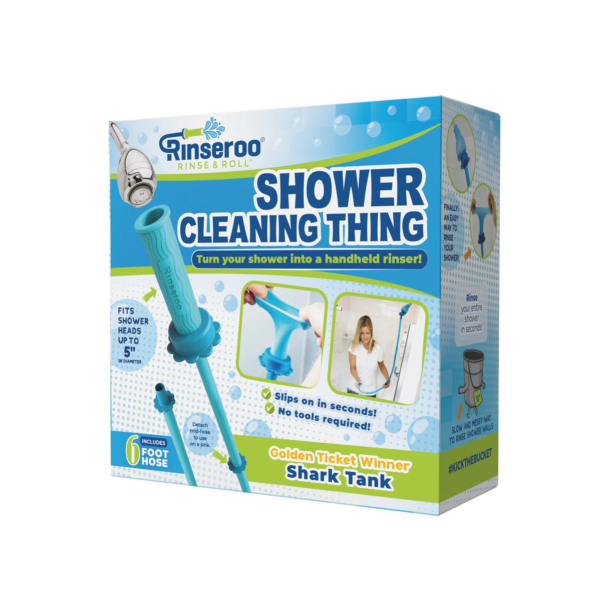 Rinseroo six-foot hose extends reach for easier shower and tub rinsing.
