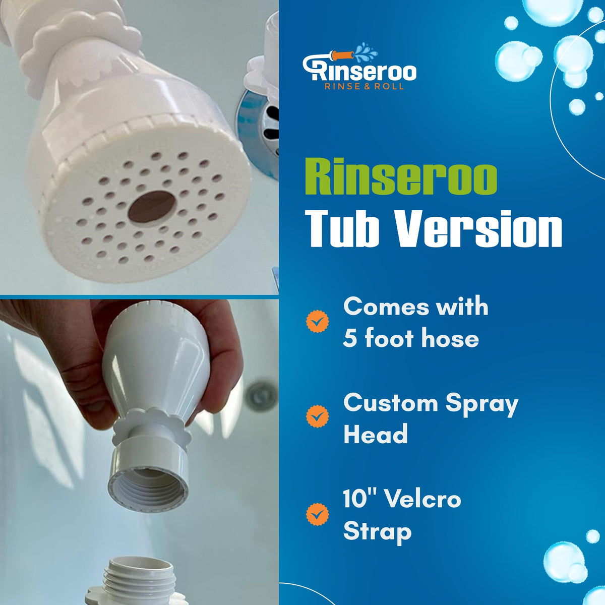 Rinseroo tub cleaning hose with flexible design for cleaning tasks.