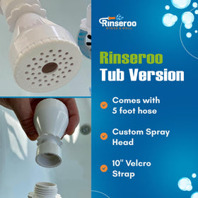 Rinseroo tub cleaning hose with flexible design for cleaning tasks.