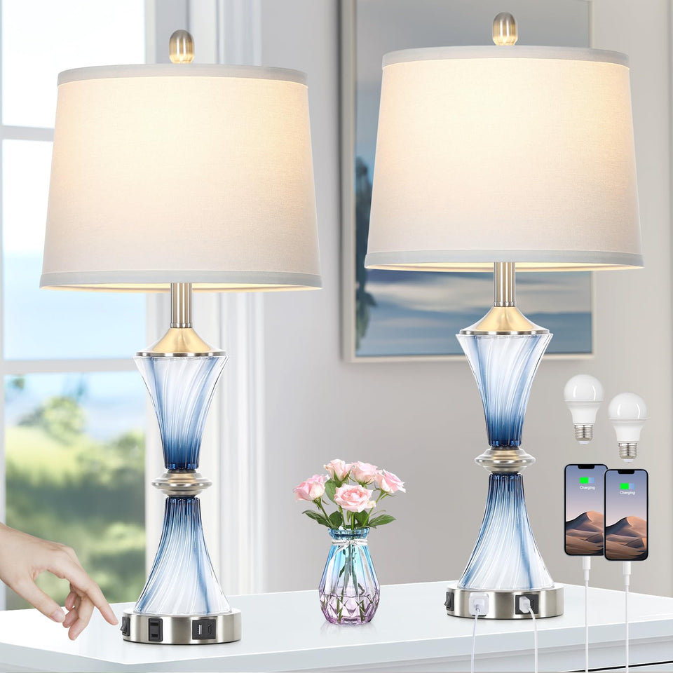 Rinweey blue glass table lamp set on a bedside table, easy assembly, coastal style.