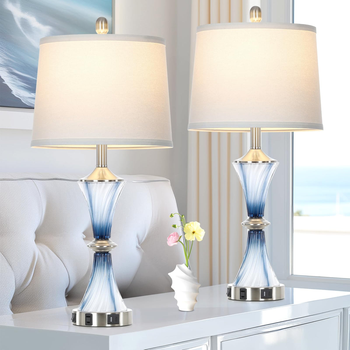 Rinweey blue glass lamps diffuse light for a cozy living room ambiance.