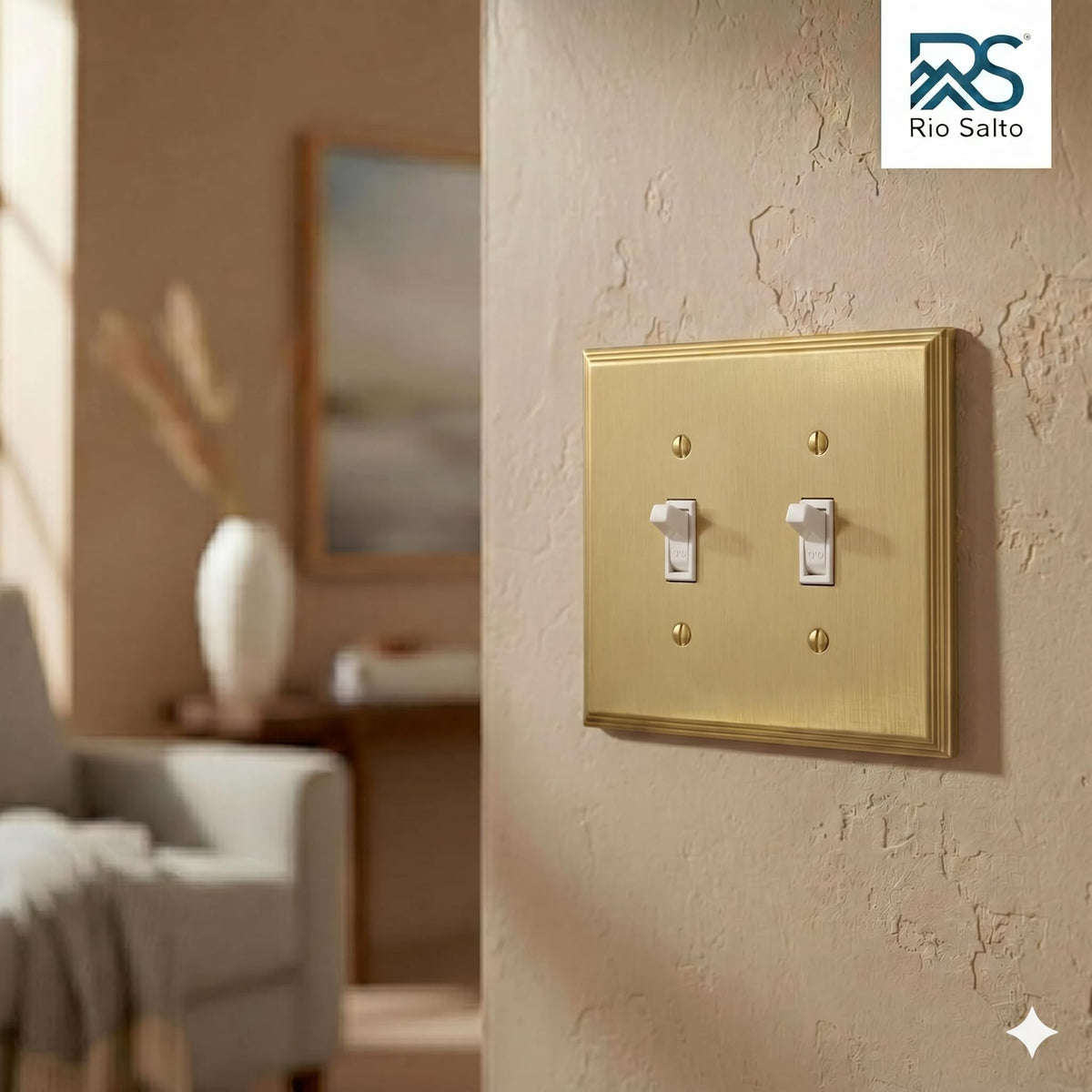 Rio Salto brass double-toggle wall plate close-up, highlighting the durable brushed finish.