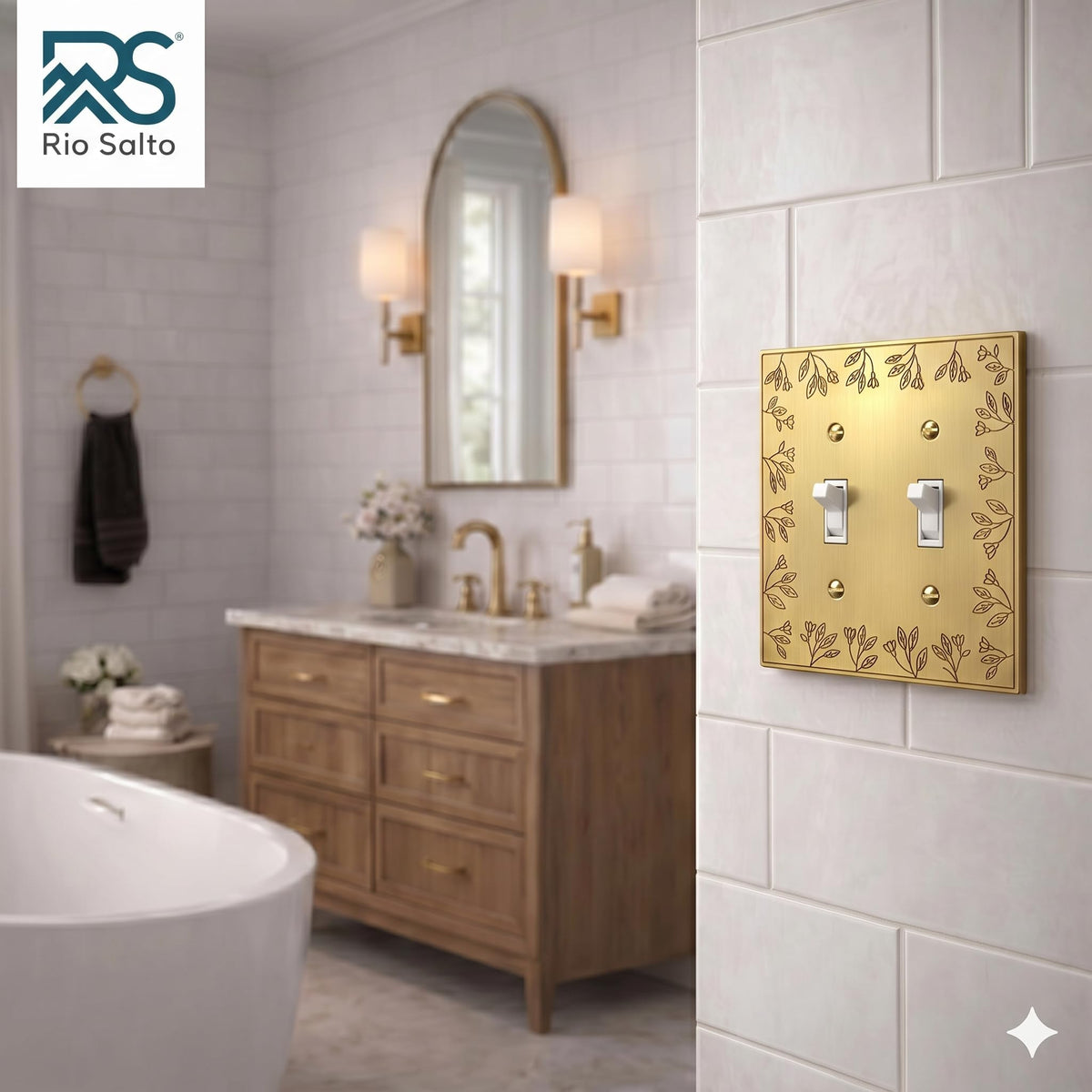 Brushed brass two-gang wall plate enhances switches with premium metal durability.