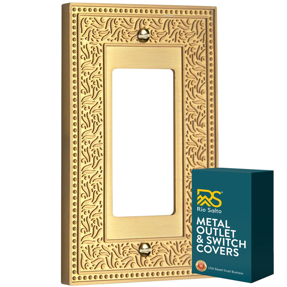 Rio Salto Laurel Collection brushed brass rocker switch cover adds a refined finish.