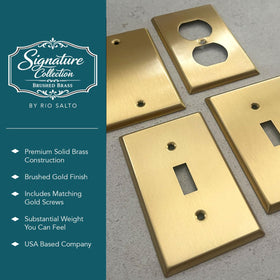 Rio Salto real brass plate fits standard boxes for quick installs.