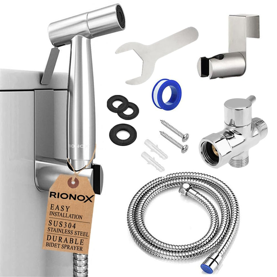 Rionox handheld bidet sprayer with brushed-nickel handle for precise cleansing and comfort