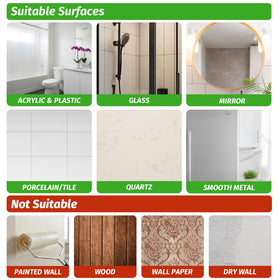 Rise age suction hooks adhere to glass or tiles with up to 12 lb hold.