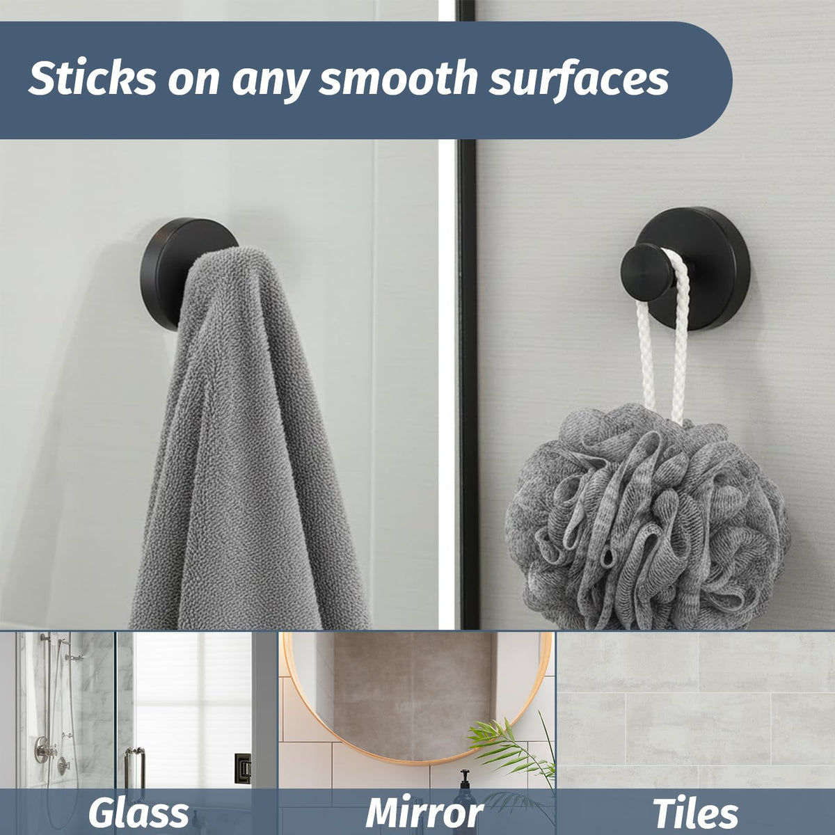 Rise age towel hook on shower glass keeps towels within reach.