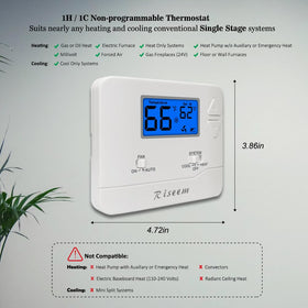 Riseem non-programmable thermostat digital display with blue backlight for quick readings
