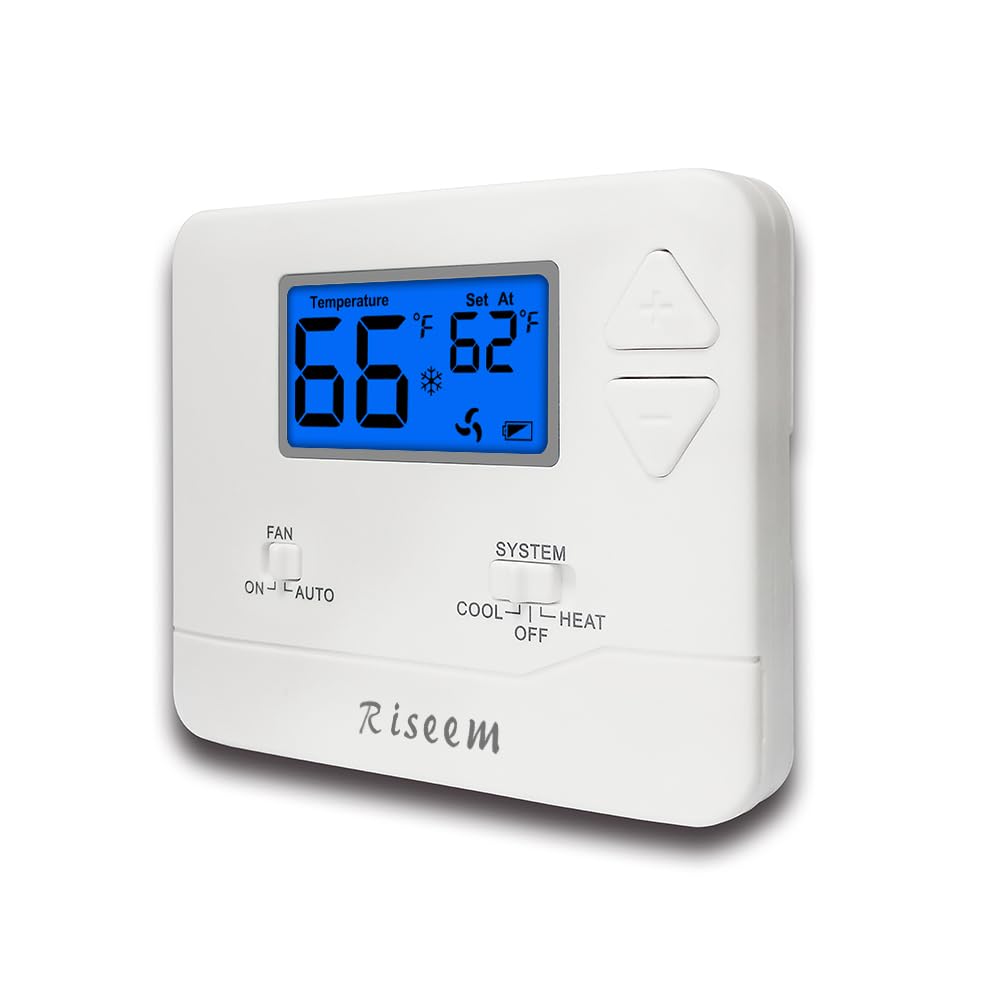 Riseem non-programmable thermostat front view with clear controls for single-stage heating and cooling