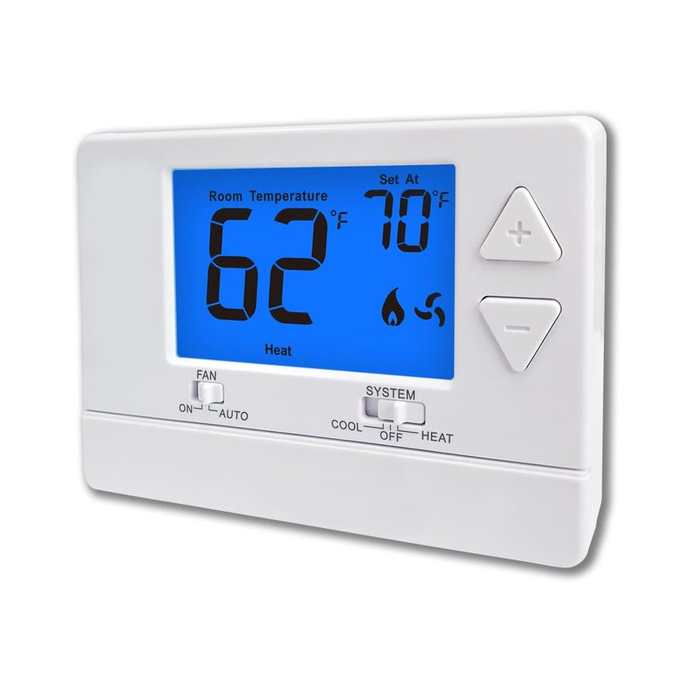 Riseem nonprogrammable thermostat front view with clear blue backlight for easy reading