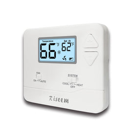 Riseem thermostat front view with white backlight for clear, energy-conscious operation